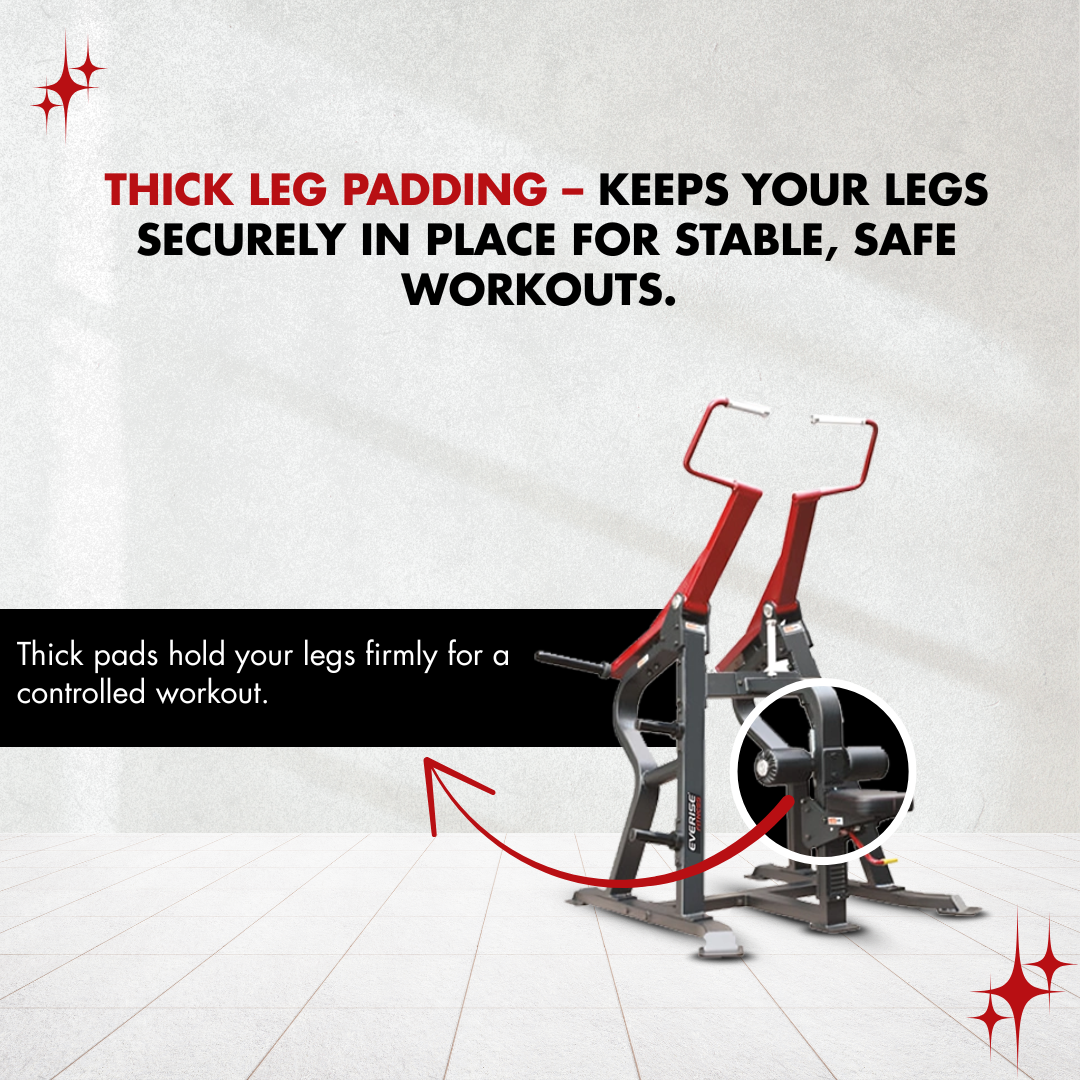 The focus is on the thick leg padding in the Lat Pull machine