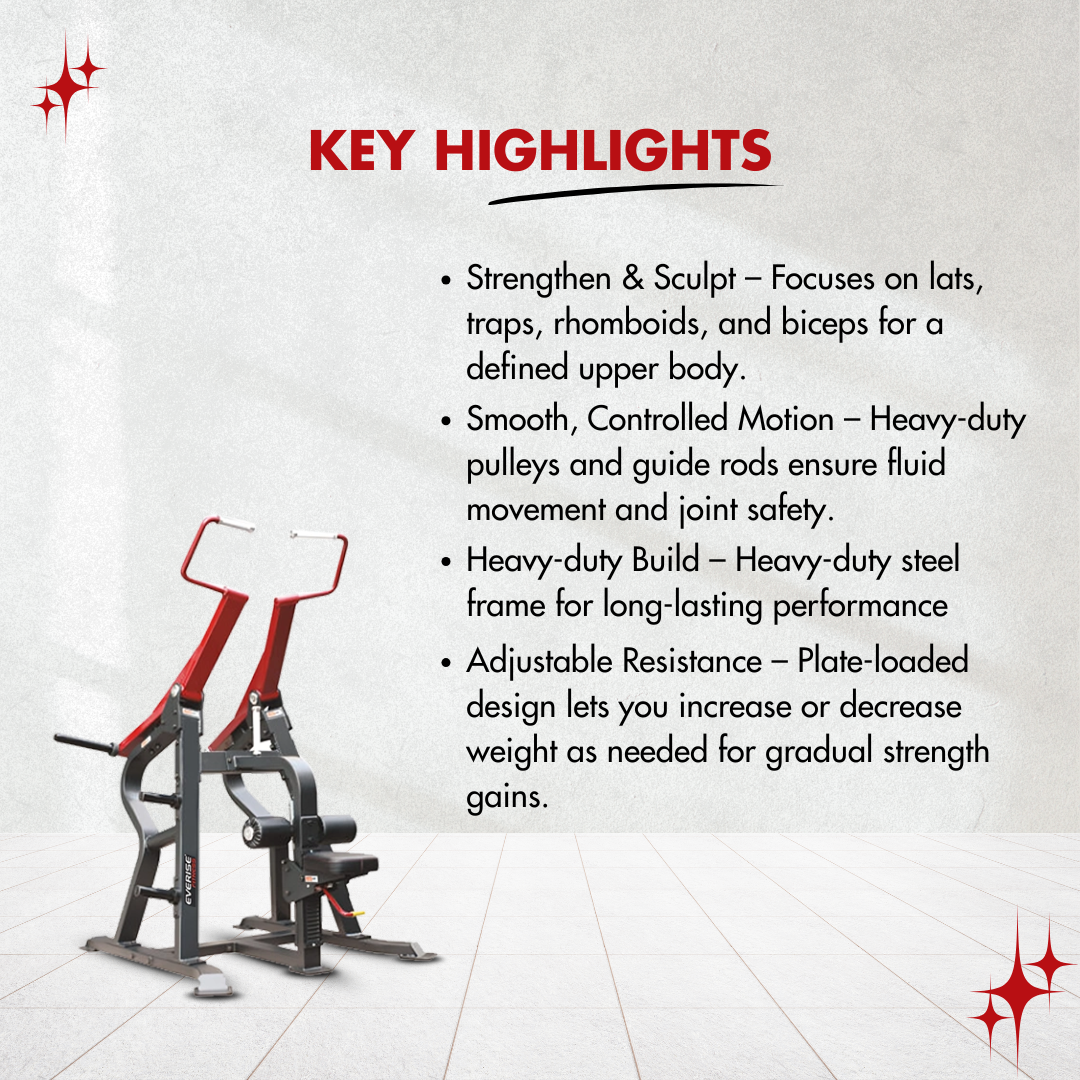 Showing key highlights about the Lat Pull machine along with its image on the side.