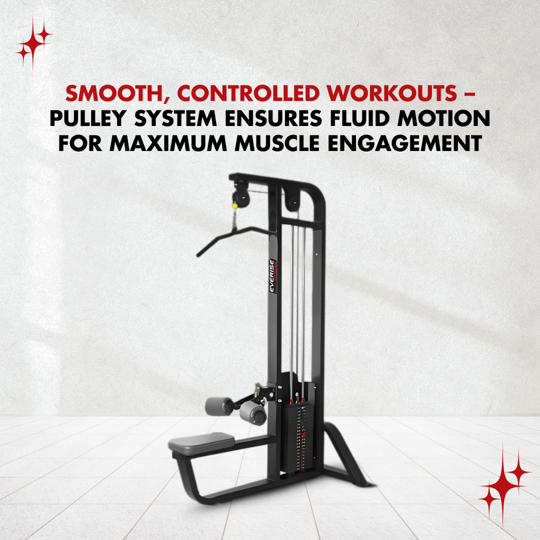 The Lat Pull Down machine is placed in a plain background that has a smooth pulley system.