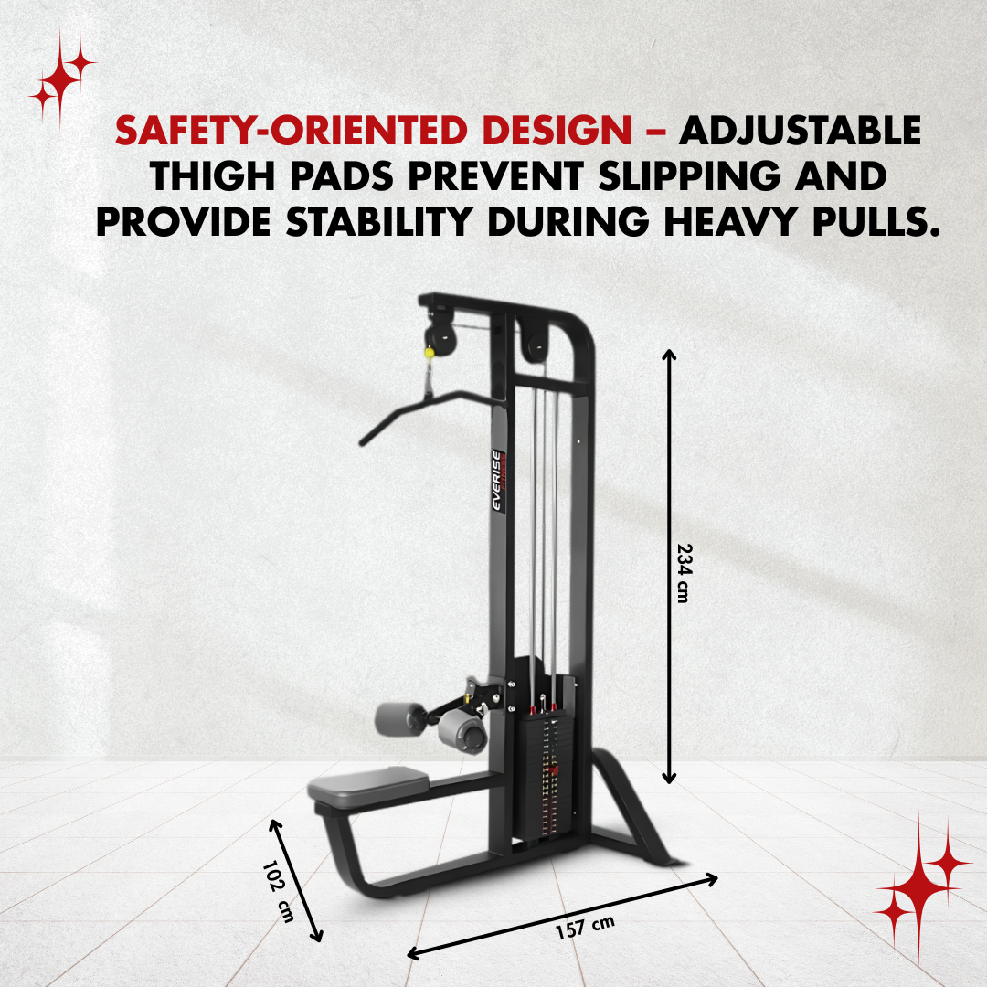 Showing dimensions of Lat Pull Down machine with adjustable thigh pads that prevent slipping and provide stability during heavy pulls.