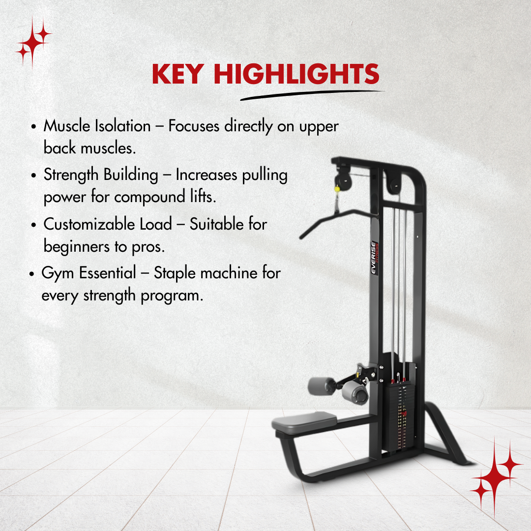 Showing key highlights about the Lat Pull Down machine along with its image on the side.