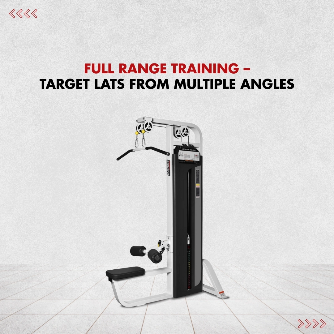 The Lat Pull Down (Dual Pulley) machine is placed in a simple plain background, telling about how it targets lats from multiple angles.