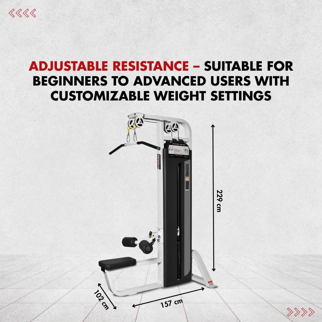 Showing dimensions of the Lat Pull Down (Dual Pulley) machine and telling about its adjustable resistance feature.