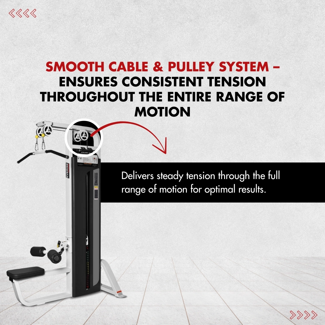 The focus is on the dual pulleys of the Lat Pull Down (Dual Pulley) machine, telling about its smooth cable & pulley system.