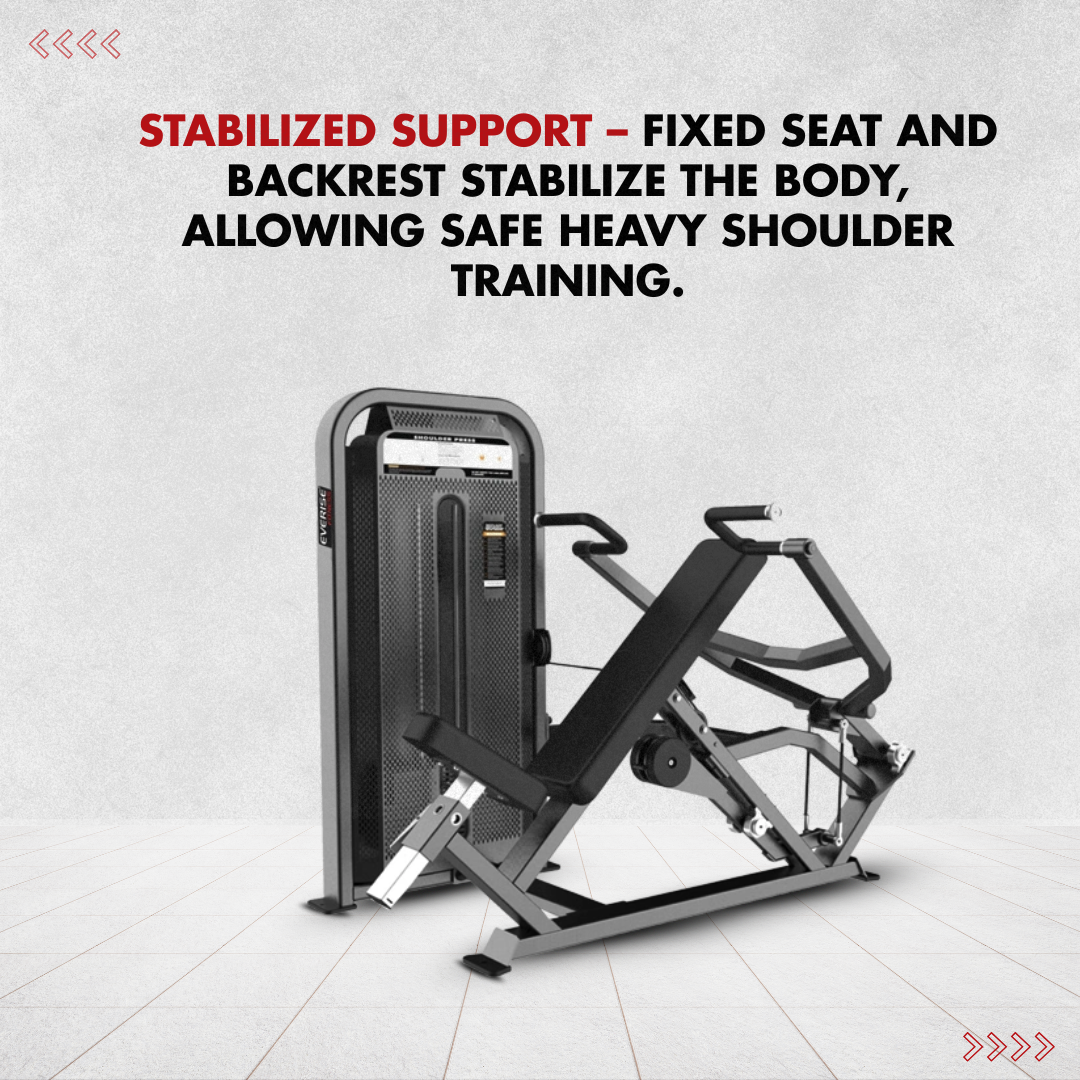 A Shoulder Press machine is placed in a simple plain background, talking about its ergonomic padding.