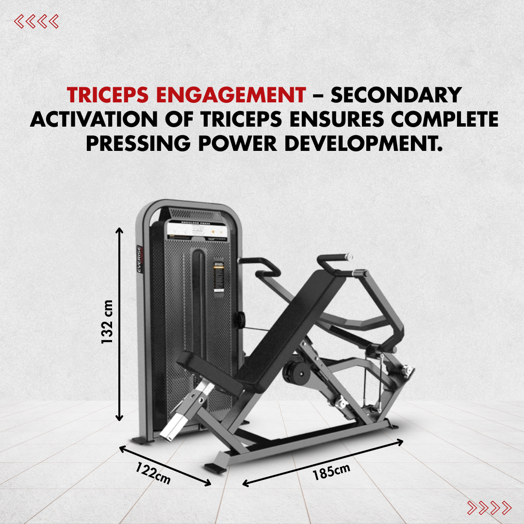 Showing dimensions and talking about tricpes engagement adjustment in a Shoulder Press machine.