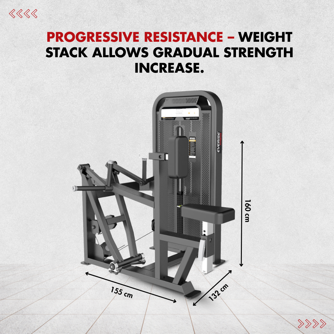 Showing dimensions of the Vertical Row machine and telling about how it supports progressive resistance.