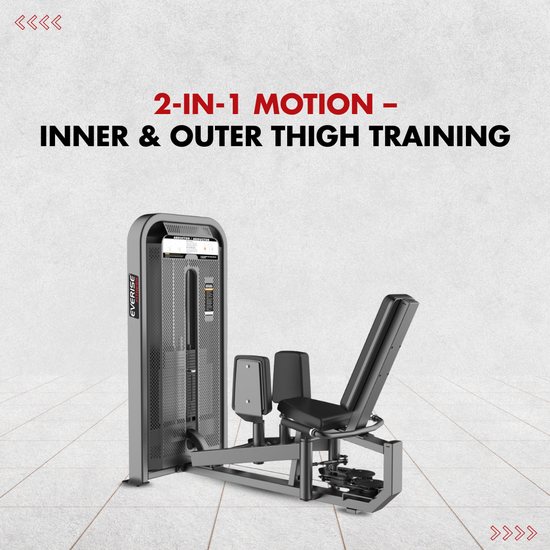 An Adductor/Abductor Combo machine is placed in a simple plain background, talking about 2-in-1 motion