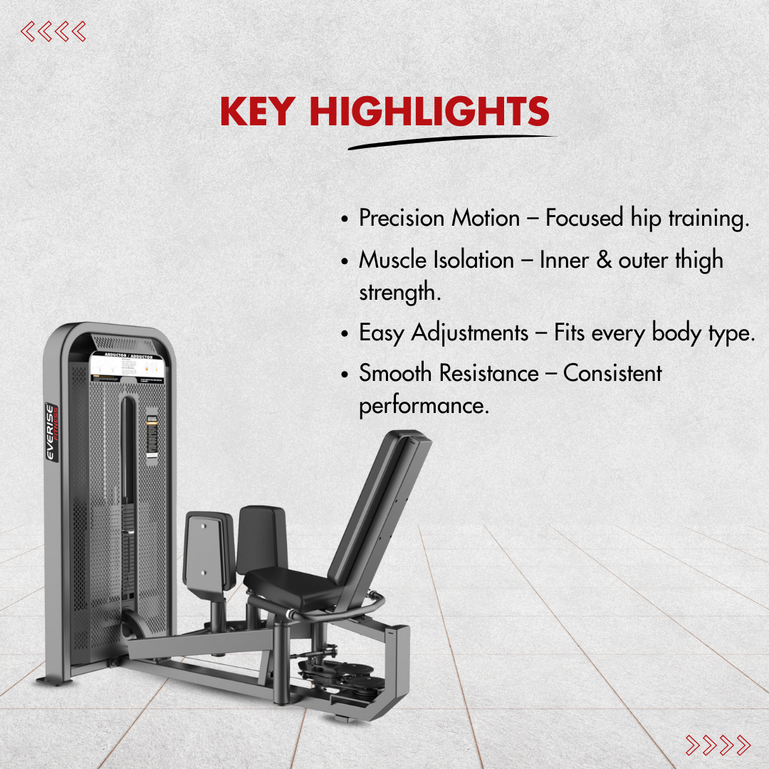 Showing key highlights about the Adductor/Abductor Combo machine along with its image on the side.