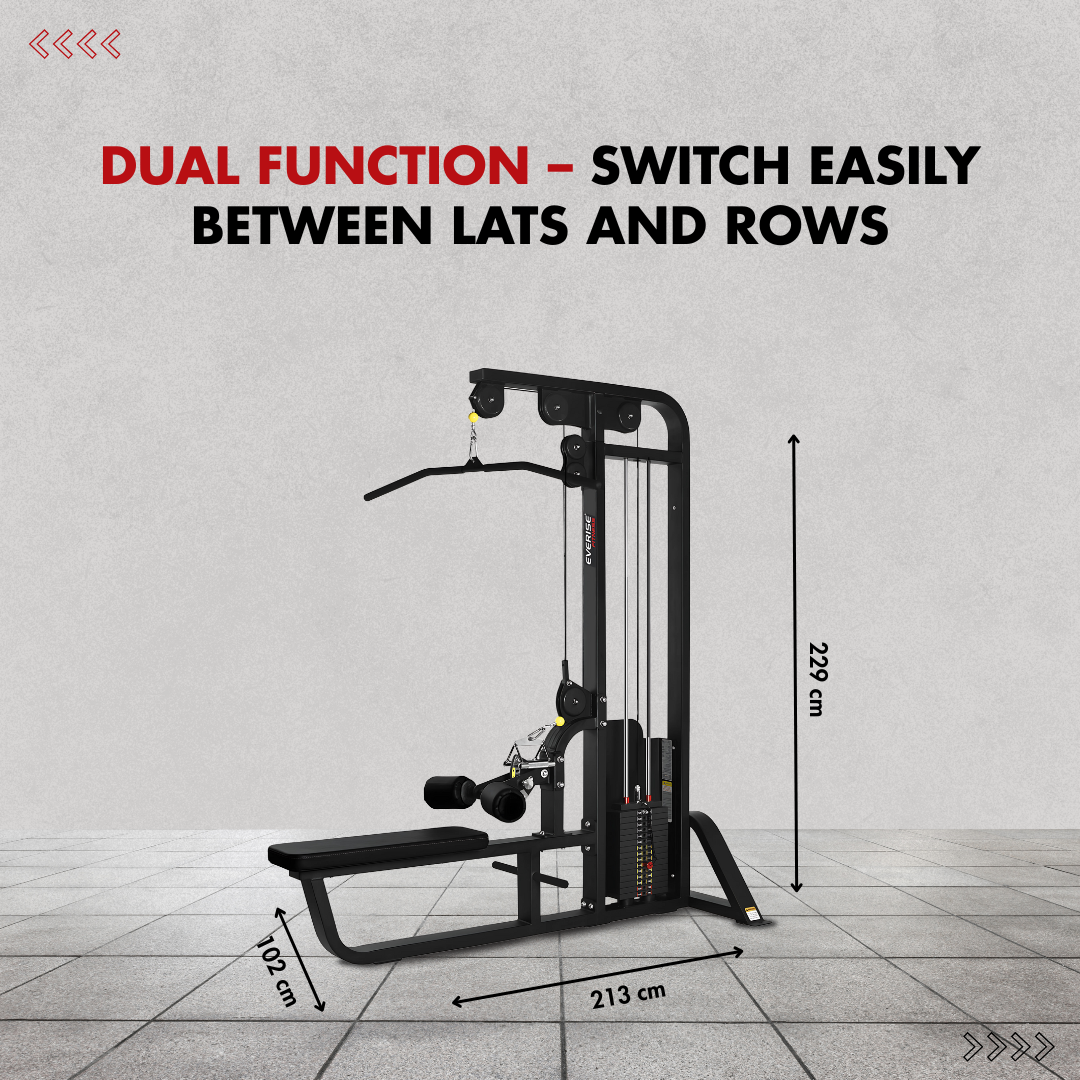 Showing dimensions of the Lat Pull / Vertical Row machine and telling about its dual function.